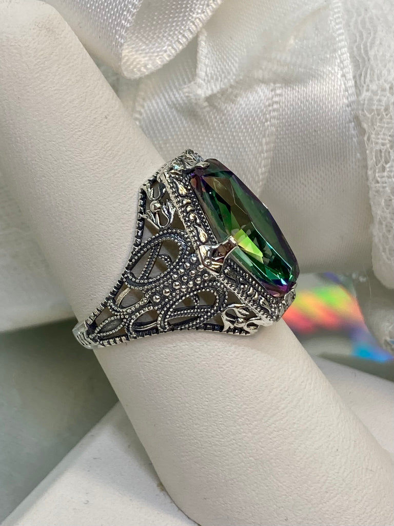 Mystic Topaz Ring, Hexagon Gem with Art Deco Filigree, Vintage Jewelry, Silver Embrace Jewelry D237