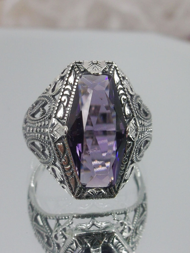 Amethyst Ring, Purple Hexagon Gem, Art Deco Sterling Silver Filigree, Edwardian Jewelry, Silver Embrace Jewelry, D237
