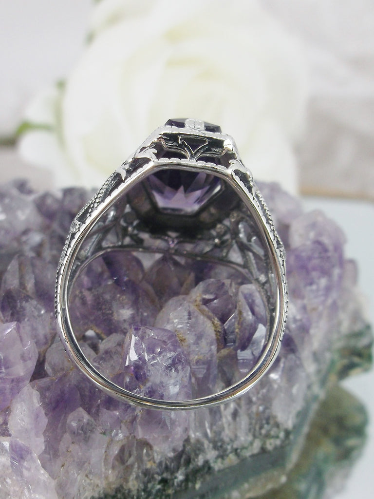 Amethyst Ring, Purple Hexagon Gem, Art Deco Sterling Silver Filigree, Edwardian Jewelry, Silver Embrace Jewelry, D237