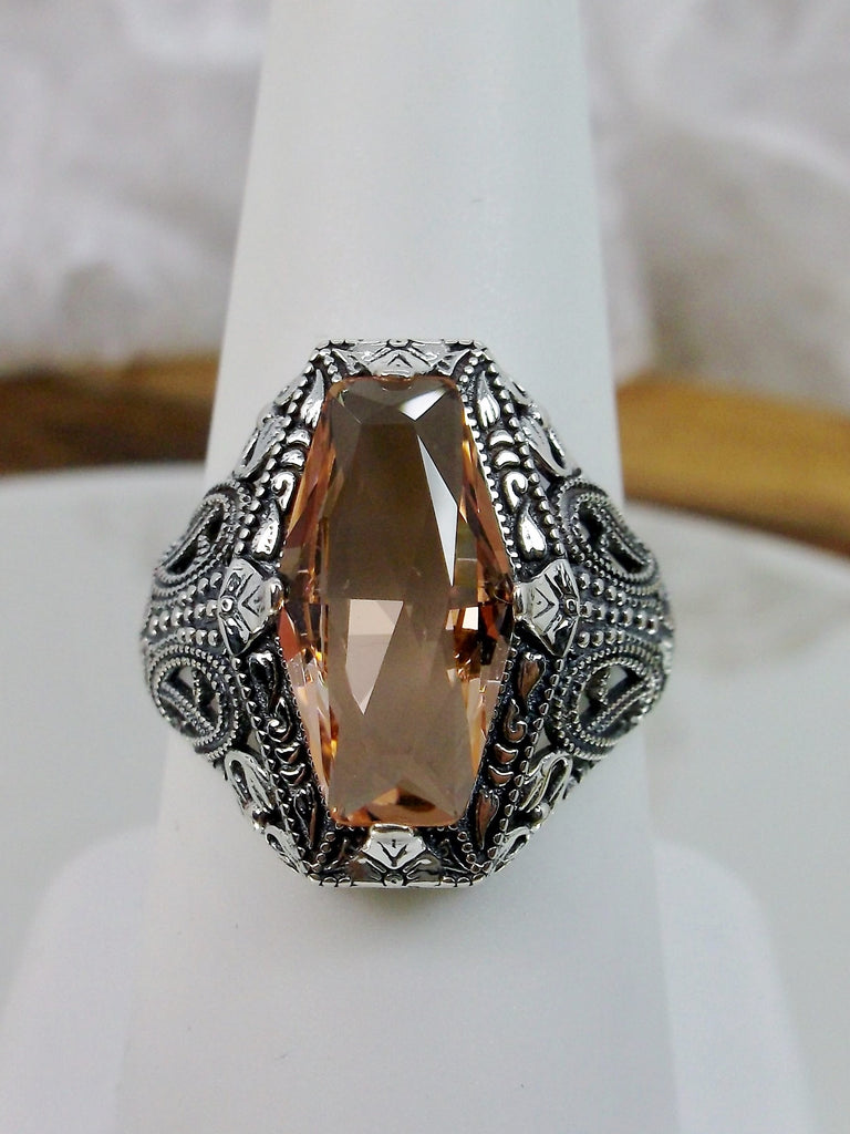 Peach Topaz Ring, Hexagon Gem, Art Deco Sterling Silver Filigree, Vintage Edwardian Jewelry, Silver Embrace Jewelry, D237
