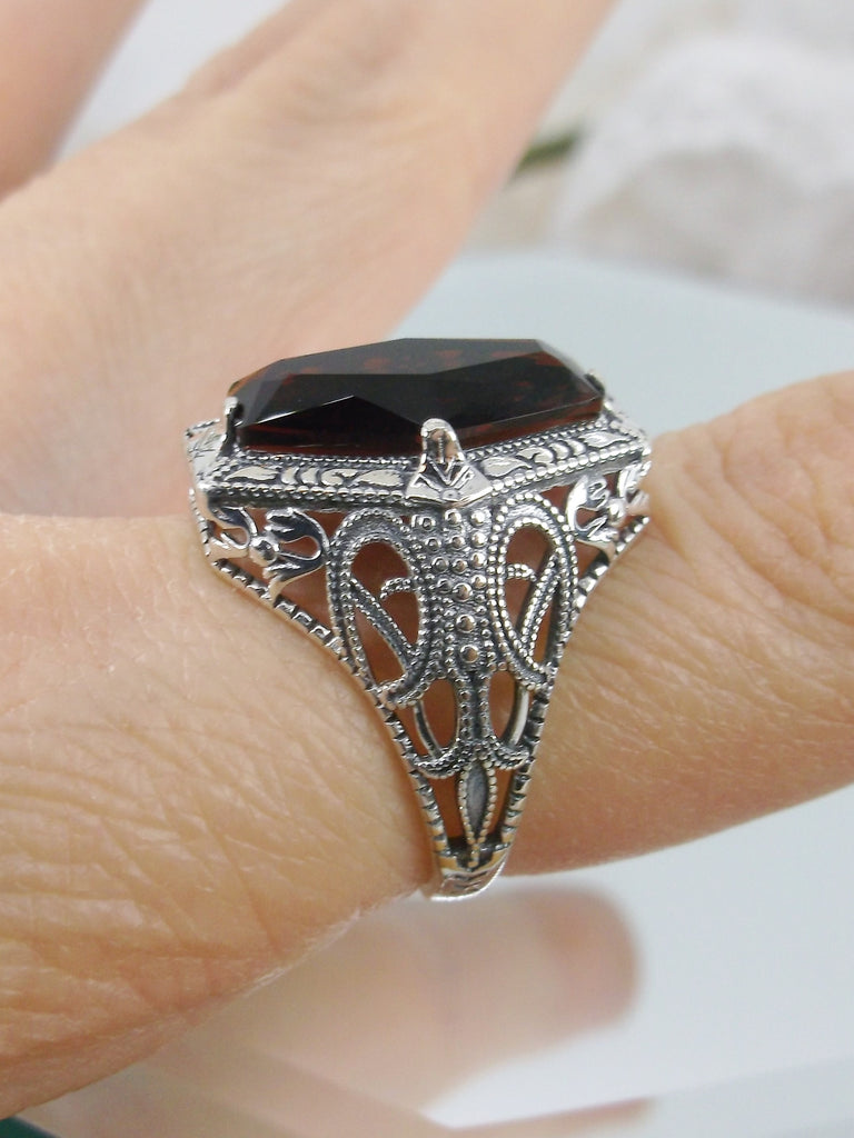 Red Garnet Ring, Hexagon gem, solitaire, Art Deco Jewelry, Silver Filigree, Silver Embrace Jewelry D237
