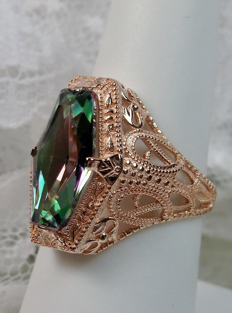 Mystic Topaz Ring, Hexagon Gem, Rose Gold plated, Art deco Filigree, Vintage Jewelry, Silver Embrace Jewelry D237