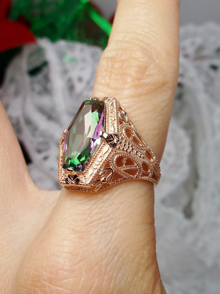 Mystic Topaz Ring, Hexagon Gem, Rose Gold plated, Art deco Filigree, Vintage Jewelry, Silver Embrace Jewelry D237