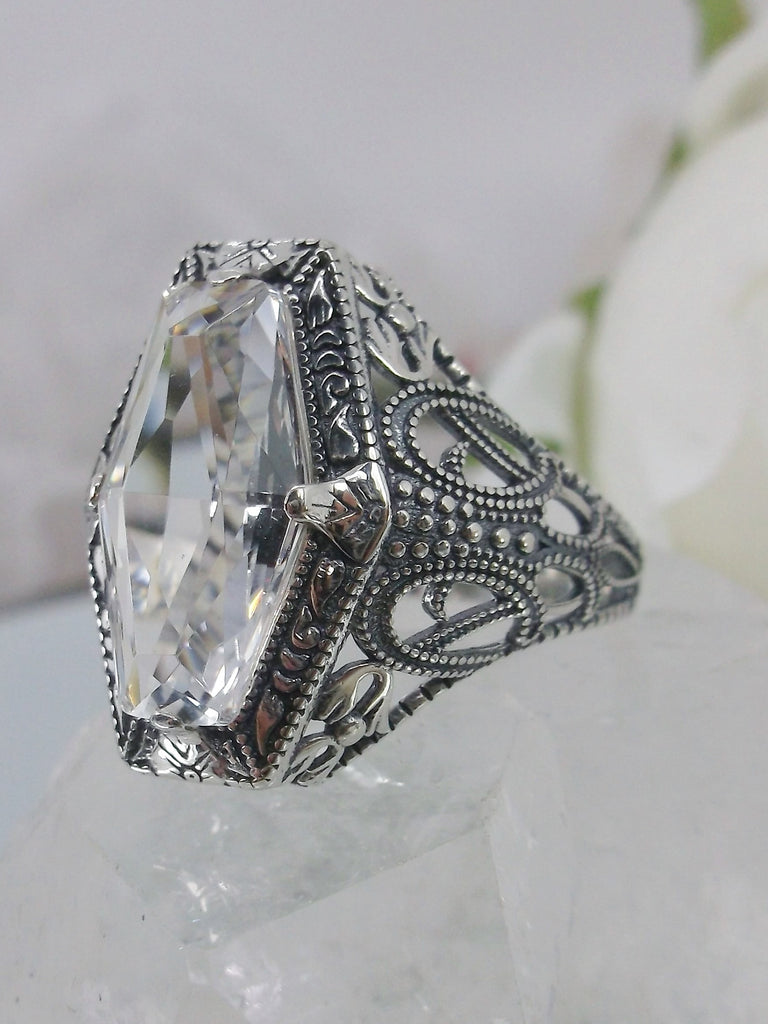 White Topaz Ring, Art Deco Sterling Silver Filigree, Hexagon gem, Silver Embrace Jewelry #D237
