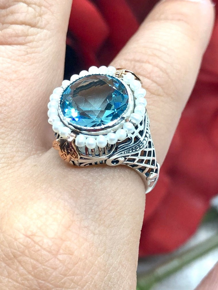 Sky Blue Aquamarine Round Gem Seed Pearl Ring, Vintage Sterling Silver Filigree Jewelry, D238
