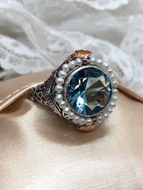 Sky Blue Aquamarine ring, Round seed pearl and rose gold accents with sterling silver filigree details, Silver Embrace Jewelry, Round Pearl D238