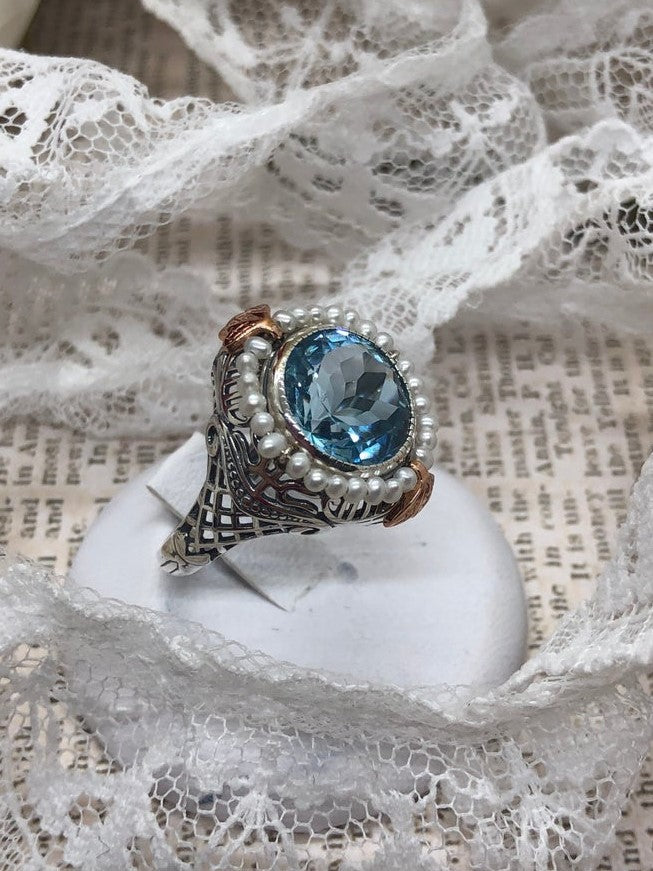 Natural Blue Topaz Round Gem Seed Pearl Ring, Vintage Sterling Silver Filigree Jewelry, D238