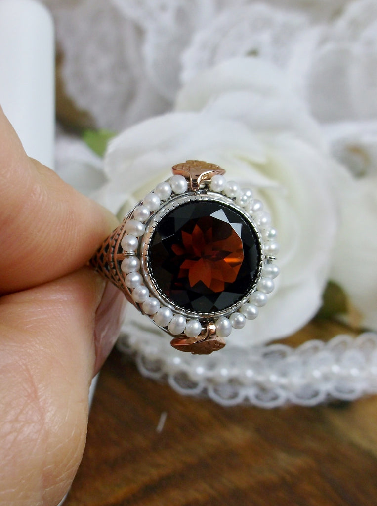 Natural Red Garnet ring, Round seed pearl and rose gold accents with sterling silver filigree details, Silver Embrace Jewelry, Round Pearl D238