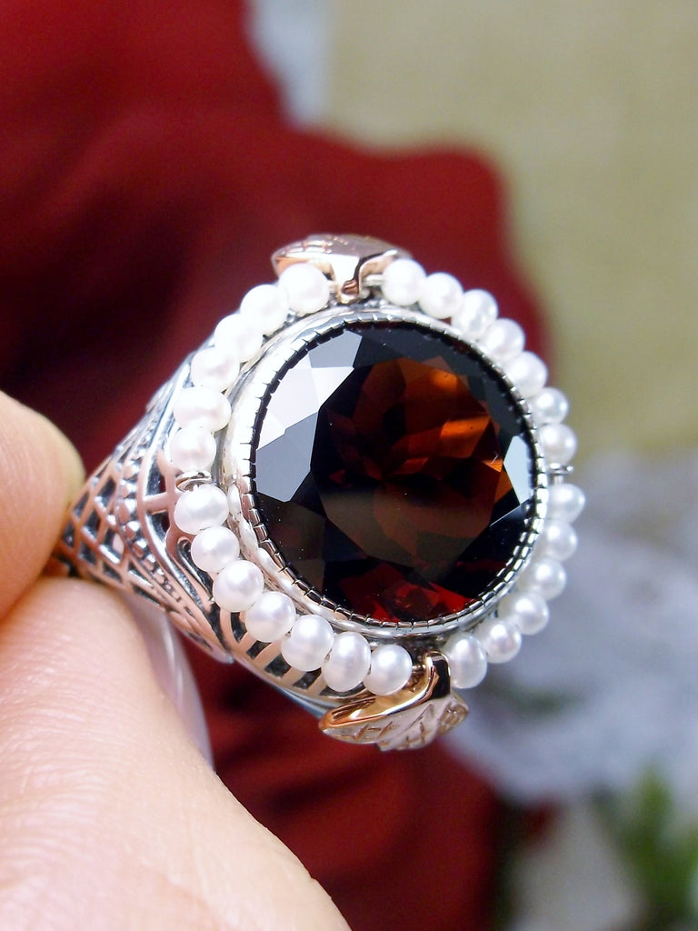 Natural Red Garnet Round Gem Seed Pearl Ring, Vintage Sterling Silver Filigree Jewelry, D238