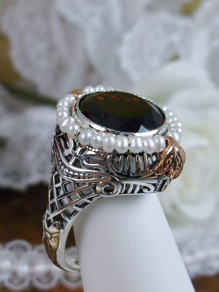Natural Red Garnet ring, Round seed pearl and rose gold accents with sterling silver filigree details, Silver Embrace Jewelry, Round Pearl D238