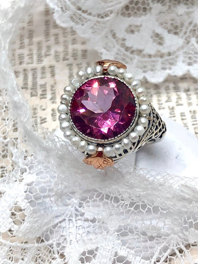 Natural Pink Topaz ring, Round seed pearl and rose gold accents with sterling silver filigree details, Silver Embrace Jewelry, Round Pearl D238