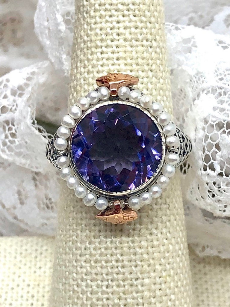 Natural Purple Amethyst ring, Round seed pearl and rose gold accents with sterling silver filigree details, Silver Embrace Jewelry, Round Pearl D238