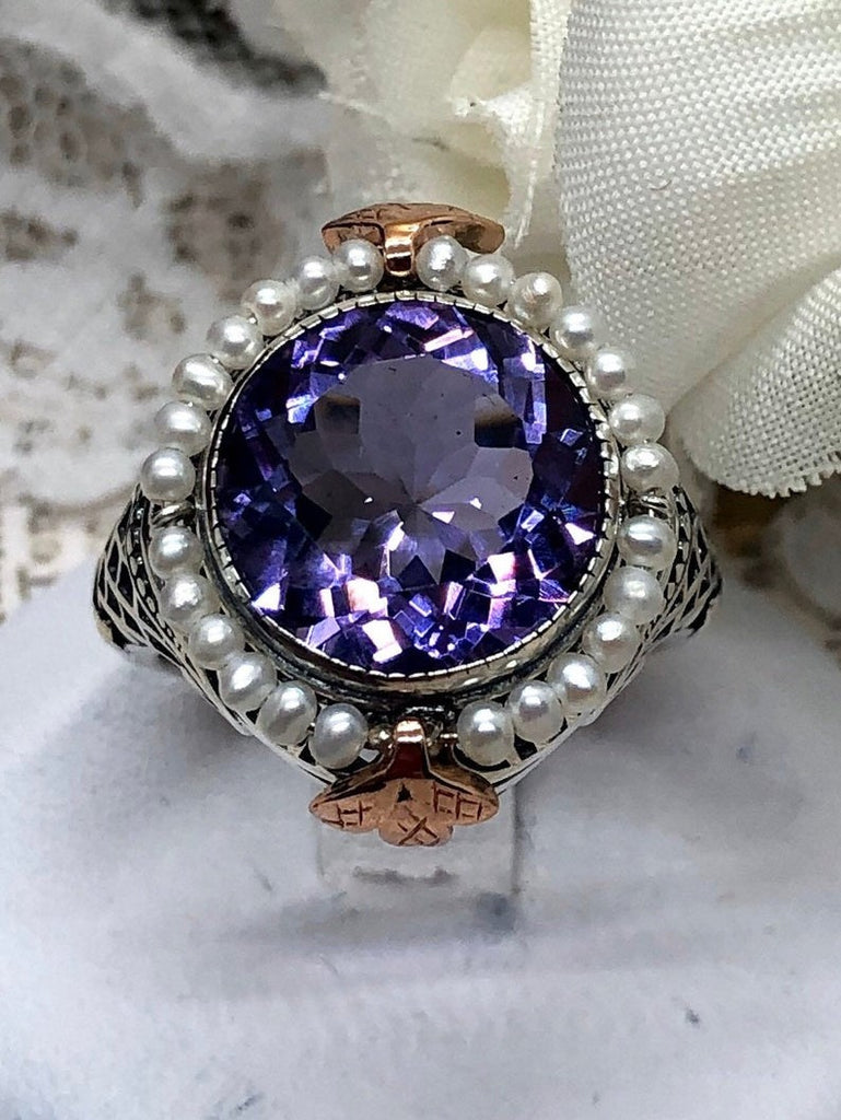 Natural Purple Amethyst Round Gem Seed Pearl Ring, Vintage Sterling Silver Filigree Jewelry, D238