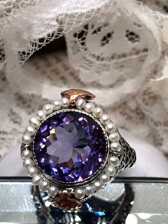 Natural Purple amethyst ring, Round seed pearl and rose gold accents with sterling silver filigree details, Silver Embrace Jewelry, Round Pearl D238