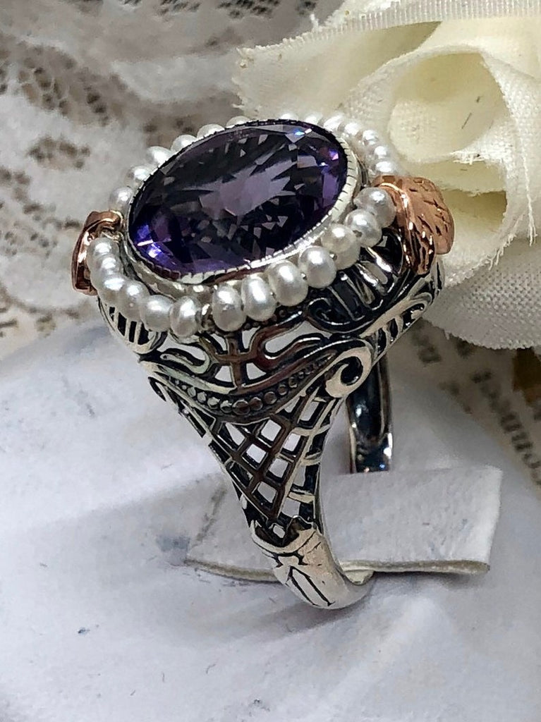 Natural Purple amethyst ring, Round seed pearl and rose gold accents with sterling silver filigree details, Silver Embrace Jewelry, Round Pearl D238