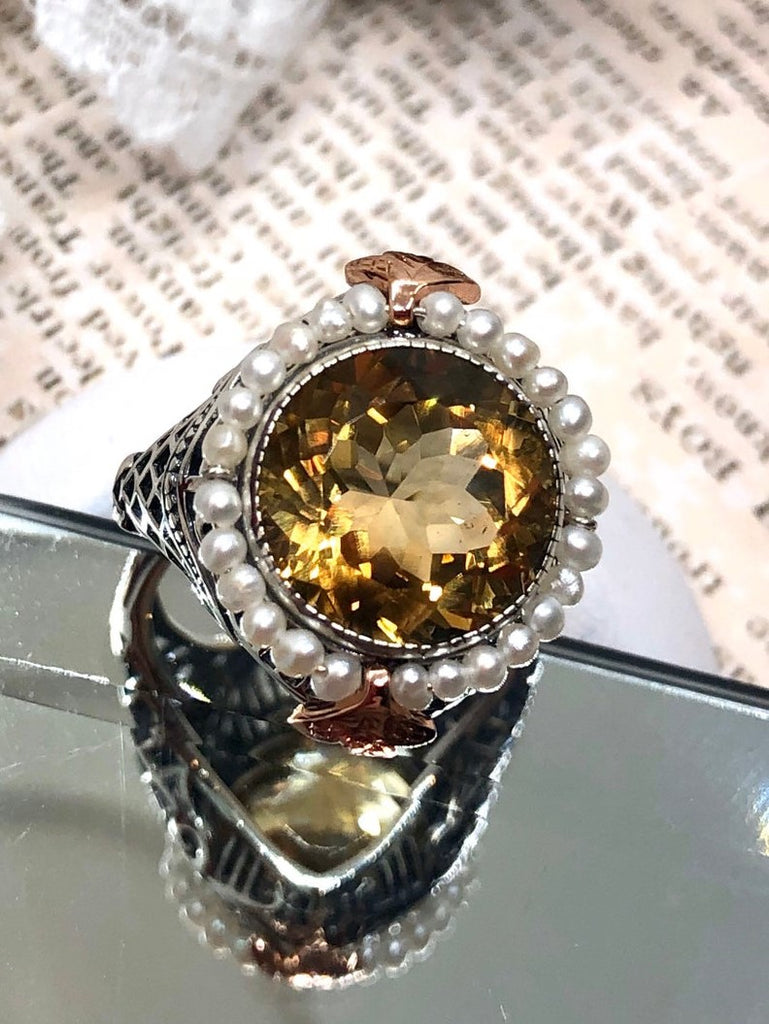 Natural Yellow Citrine ring, Round seed pearl and rose gold accents with sterling silver filigree details, Silver Embrace Jewelry, Round Pearl D238