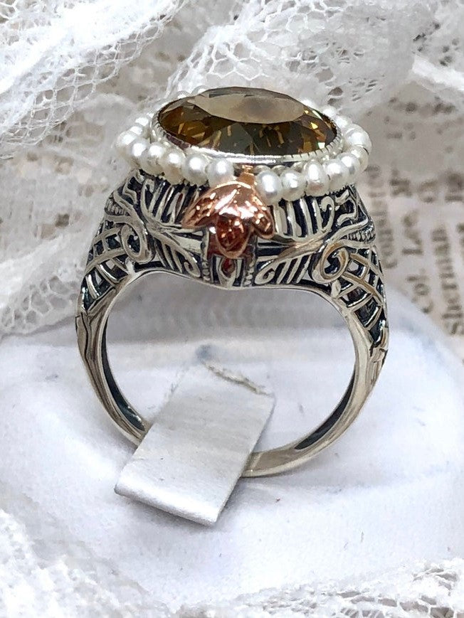 Natural Yellow Citrine ring, Round seed pearl and rose gold accents with sterling silver filigree details, Silver Embrace Jewelry, Round Pearl D238