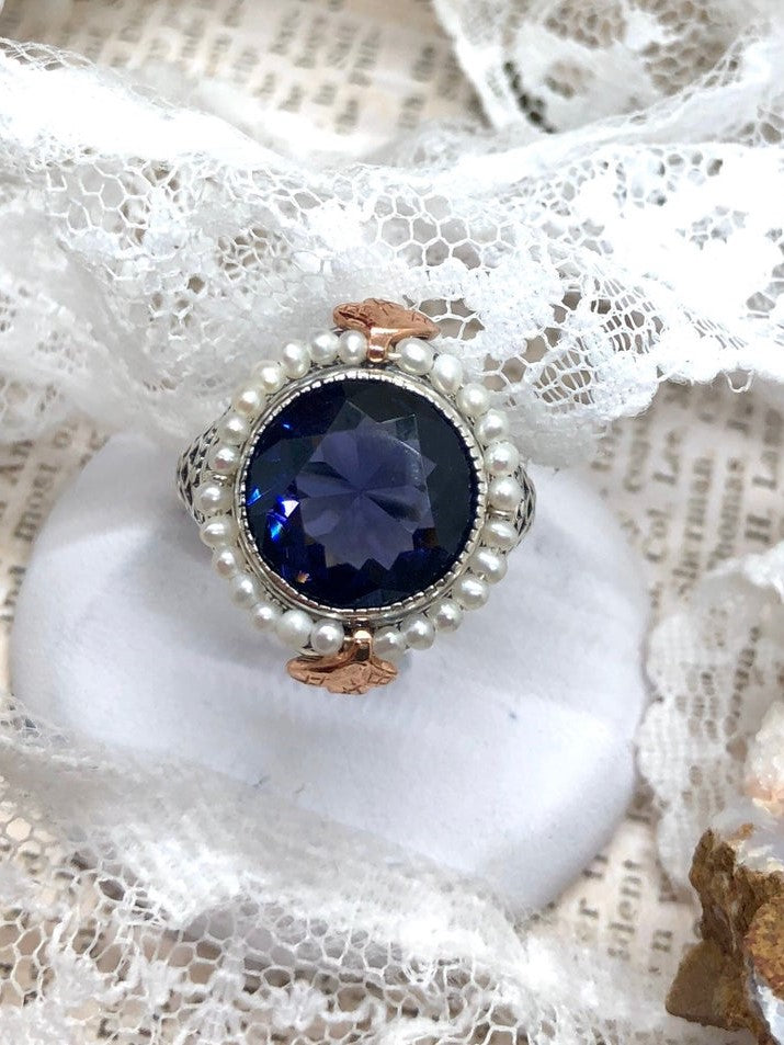 Purple Amethyst Round Gem Seed Pearl Ring, Vintage Sterling Silver Filigree Jewelry, D238