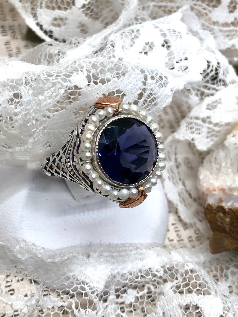 SOLD--Late Edwardian Amethyst and Seed Pearl Ring 14k c. 1915 – Bavier  Brook Antique Jewelry
