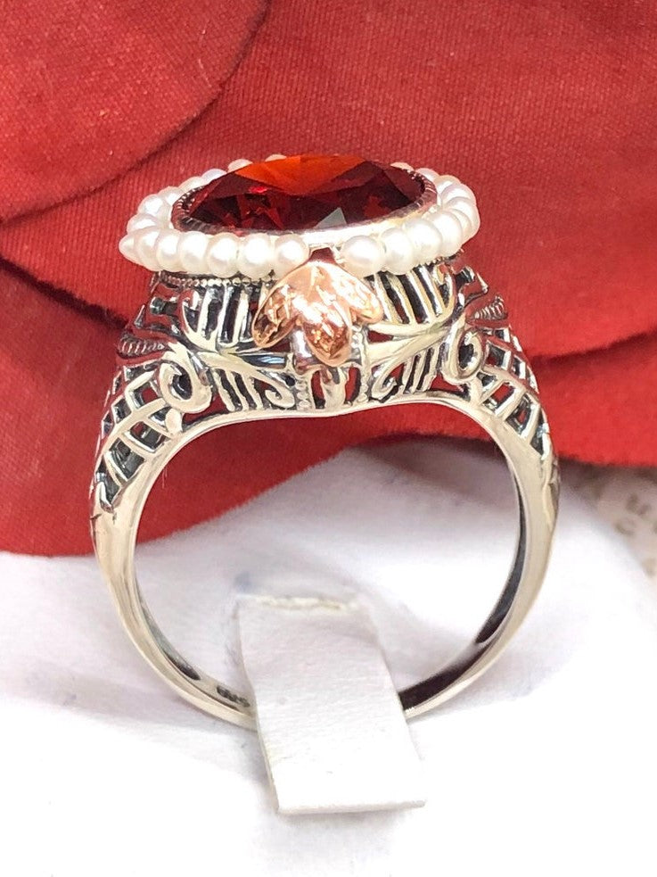 Red Garnet CZ ring, Round seed pearl and rose gold accents with sterling silver filigree details, Silver Embrace Jewelry, Round Pearl D238