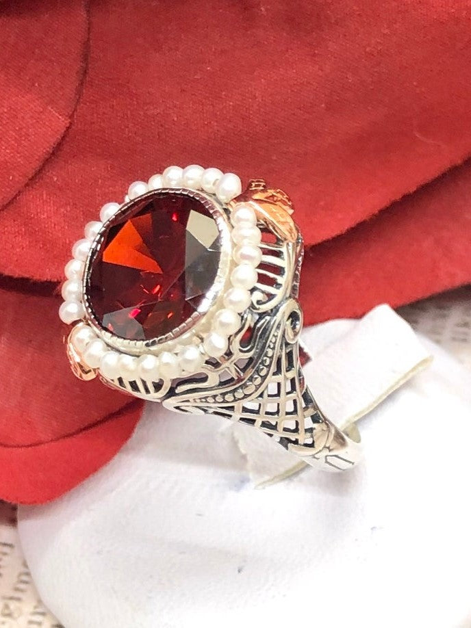 Red Garnet CZ ring, Round seed pearl and rose gold accents with sterling silver filigree details, Silver Embrace Jewelry, Round Pearl D238