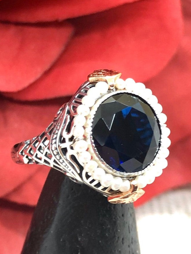Blue Sapphire ring, Round seed pearl and rose gold accents with sterling silver filigree details, Silver Embrace Jewelry, Round Pearl D238