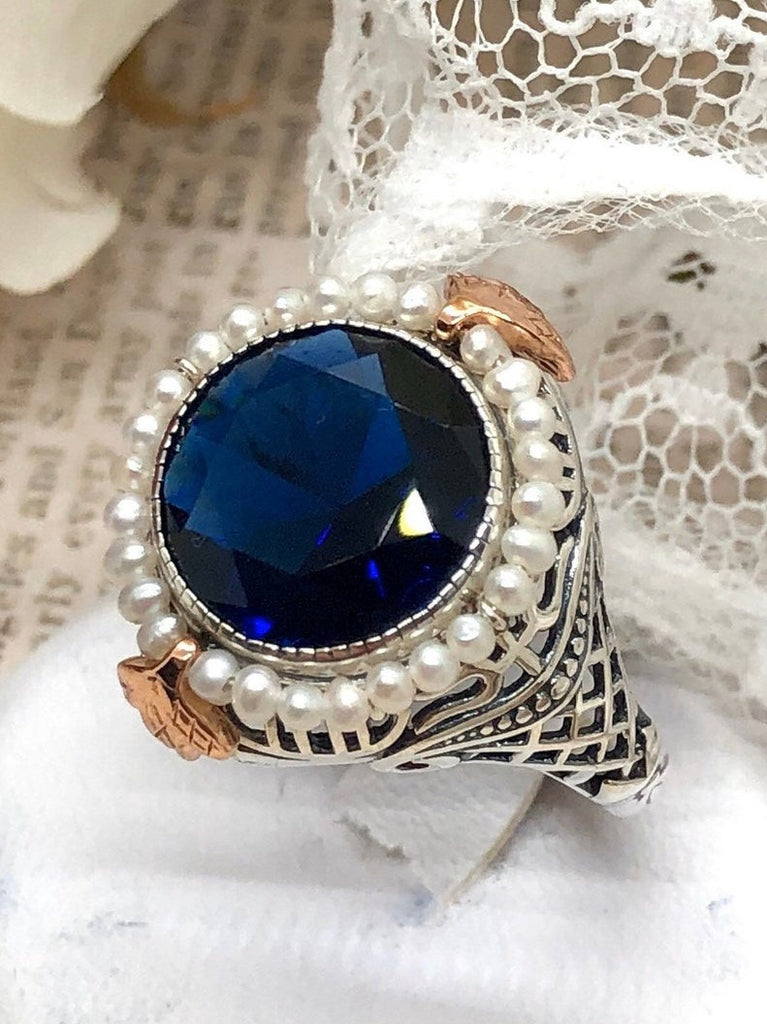 Blue Sapphire ring, Round seed pearl and rose gold accents with sterling silver filigree details, Silver Embrace Jewelry, Round Pearl D238