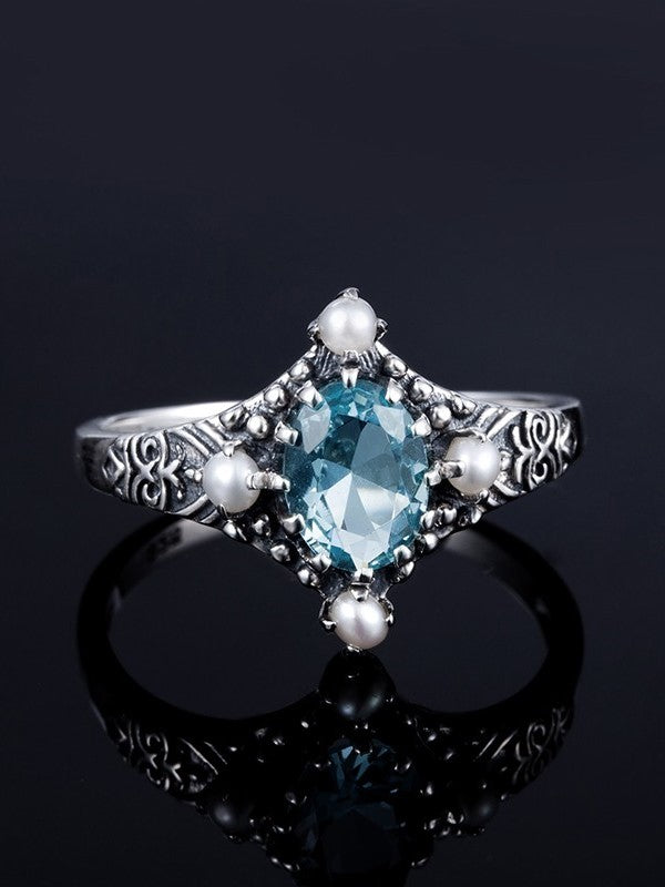 Natural London Blue Topaz Ring, Topaz and Pearl Victorian Filigree Jewelry, Silver Embrace Jewelry