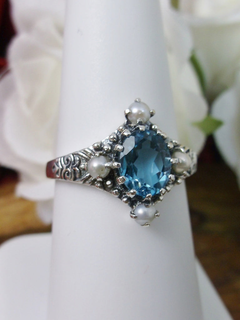 Natural London Blue Topaz Ring, Topaz and Pearl Victorian Filigree Jewelry, Silver Embrace Jewelry