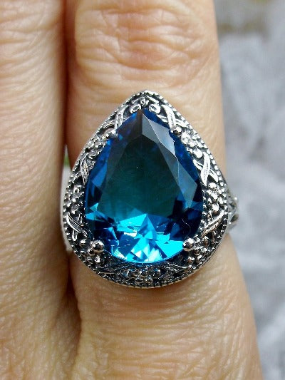 Swiss Blue Topaz Teardrop Ring, Simulated pear cut gemstone, Victorian filigree, sterling silver filigree, Antique jewelry, Silver Embrace jewelry, design #D28