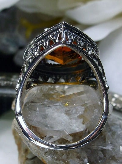 Orange Cognac Citrine Teardrop Ring, Simulated pear cut gemstone, Victorian filigree, sterling silver filigree, Antique jewelry, Silver Embrace jewelry, design #D28