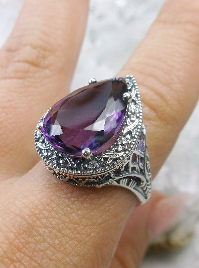 Natural Amethyst Ring, Purple Amethyst Gemstone, Sterling silver filigree, Teardrop pear cut gemstone, antique victorian jewelry, Silver Embrace Jewelry, D28