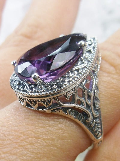 Natural Amethyst Ring, Purple Amethyst Gemstone, Sterling silver filigree, Teardrop pear cut gemstone, antique victorian jewelry, Silver Embrace Jewelry, D28