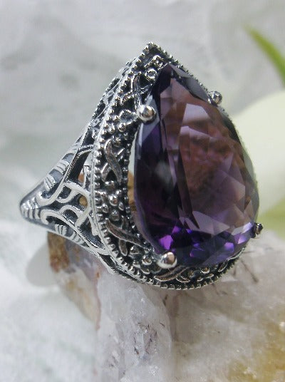 Natural Purple Amethyst Teardrop Ring, Simulated pear cut gemstone, Victorian filigree, sterling silver filigree, Antique jewelry, Silver Embrace jewelry, design #D28