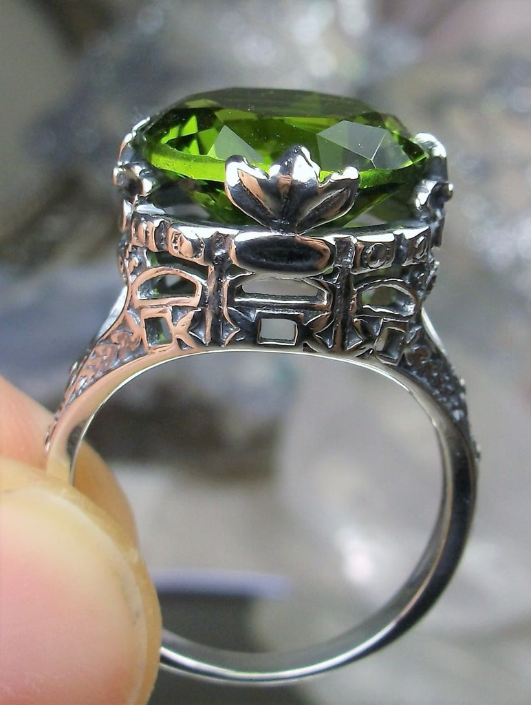 HUGE Peridot Ring, Simulated green peridot, sterling silver filigree, princess design, victorian jewelry, Silver Embrace Jewelry, D29