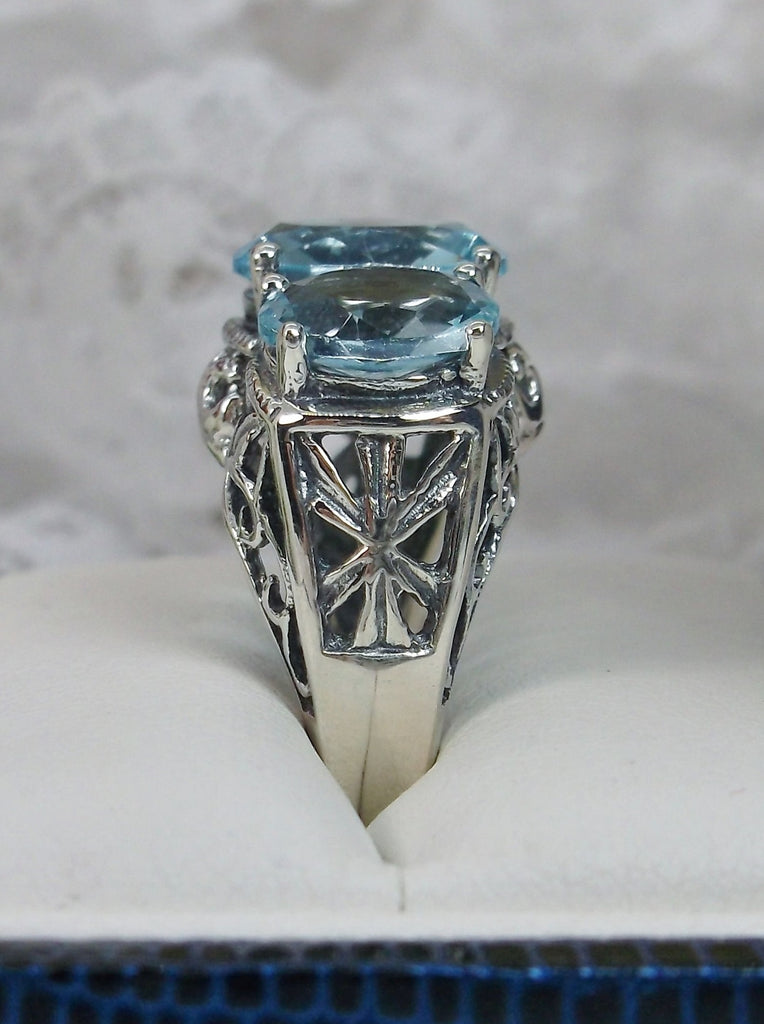 blue aquamarine three stone art deco style ring with silver antique filigree