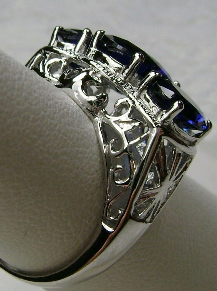Blue Sapphire Ring, Triple 3-Stone design, sterling silver filigree, Art Deco Jewelry