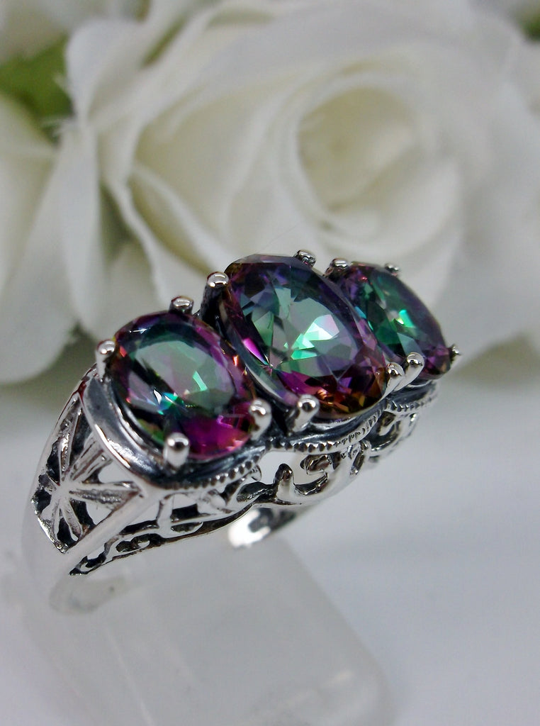 Rainbow Mystic Topaz Ring, Triple 3-Stone design, sterling silver filigree, Art Deco Jewelry