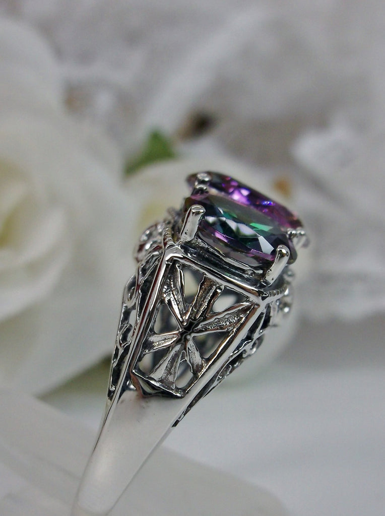 Rainbow Mystic Topaz Ring, Triple 3-Stone design, sterling silver filigree, Art Deco Jewelry