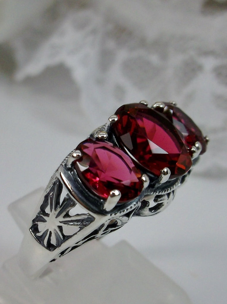Ruby Ring, Red ruby Triple 3-Stone design, sterling silver filigree, Art Deco Jewelry