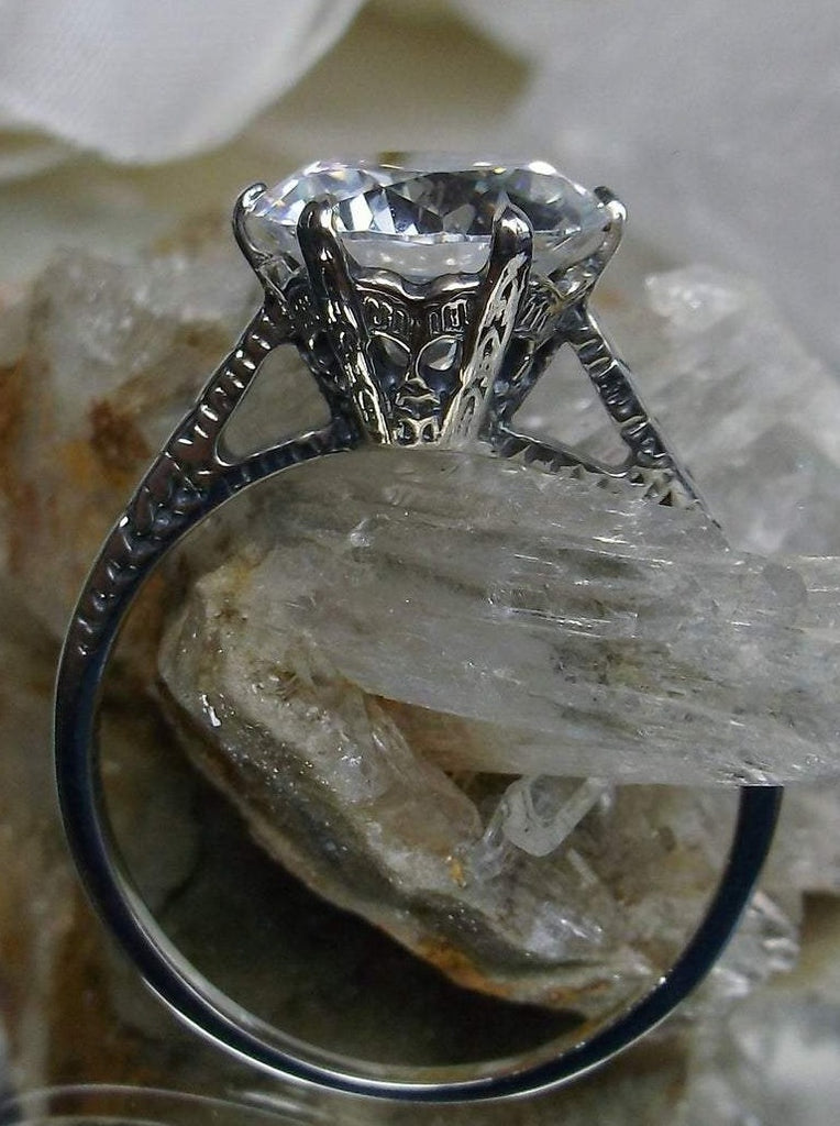  White CZ Ring, Cubic Zirconia gemstone, classic solitaire, Victorian sterling silver filigree