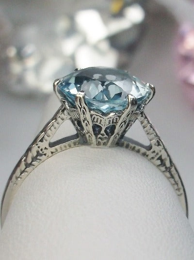 Natural Topaz, Blue Topaz Natural Gemstone Ring, 9mm Solitaire, Classic setting, 100 year old design, Victorian Filigree, Sterling Silver, Silver embrace jewelry, D37z