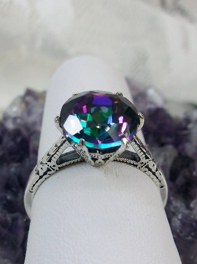 Natural Topaz Ring, Mystic Topaz, Rainbow topaz Natural Gemstone Ring, 9mm Solitaire, Classic setting, 100 year old design, Victorian Filigree, Sterling Silver, Silver embrace jewelry, D37z