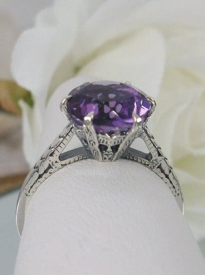 Natural Amethyst Ring, Purple Amethyst, Natural Gemstone Ring, 9mm Solitaire, Classic setting, 100 year old design, Victorian Filigree, Sterling Silver, Silver embrace jewelry, D37z