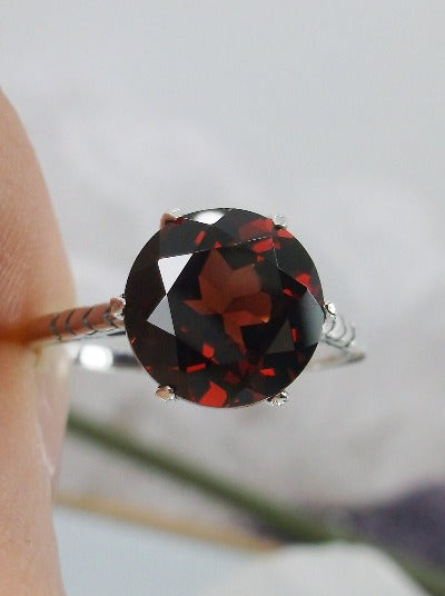 Natural Garnet Ring, Red Garnet Natural Gemstone Ring, 9mm Solitaire, Classic setting, 100 year old design, Victorian Filigree, Sterling Silver, Silver embrace jewelry, D37z