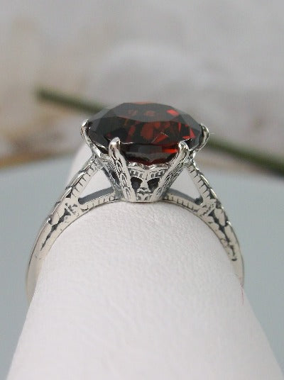 Natural Garnet Ring, Red Garnet Natural Gemstone Ring, 9mm Solitaire, Classic setting, 100 year old design, Victorian Filigree, Sterling Silver, Silver embrace jewelry, D37z