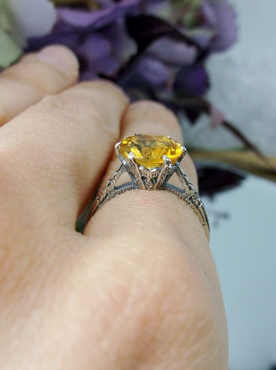 Natural Citrine Ring, Yellow Citrine Natural Gemstone Ring, 9mm Solitaire, Classic setting, 100 year old design, Victorian Filigree, Sterling Silver, Silver embrace jewelry, D37z
