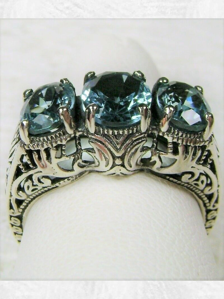 Simulated Blue Topaz Trinity 3 stone Ring, Sterling silver filigree, antique jewelry, silver embrace Jewelry, D41