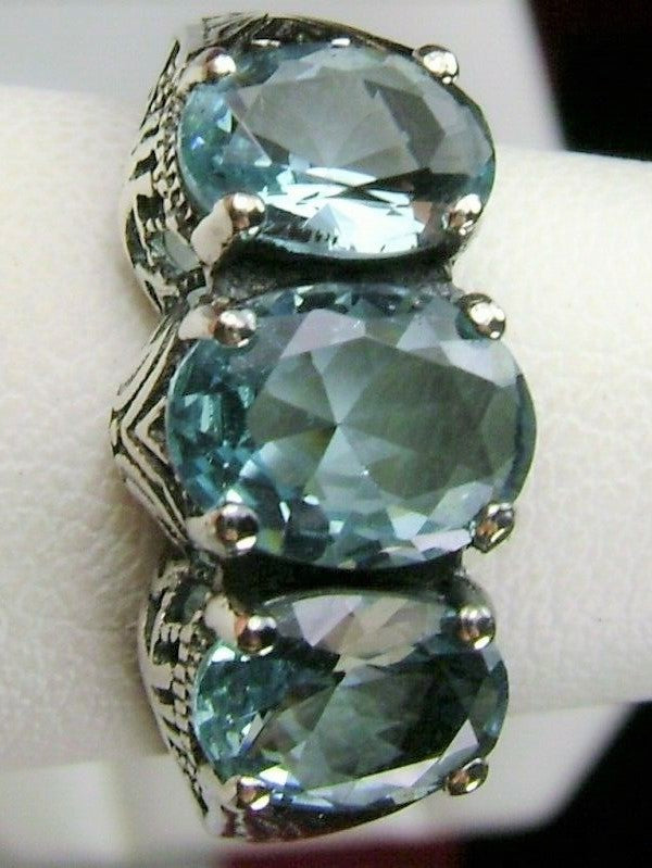 Simulated Sky Blue Aquamarine Ring, Art Deco Jewelry, Small 3 Stone Ring, Silver Embrace Jewelry, D41