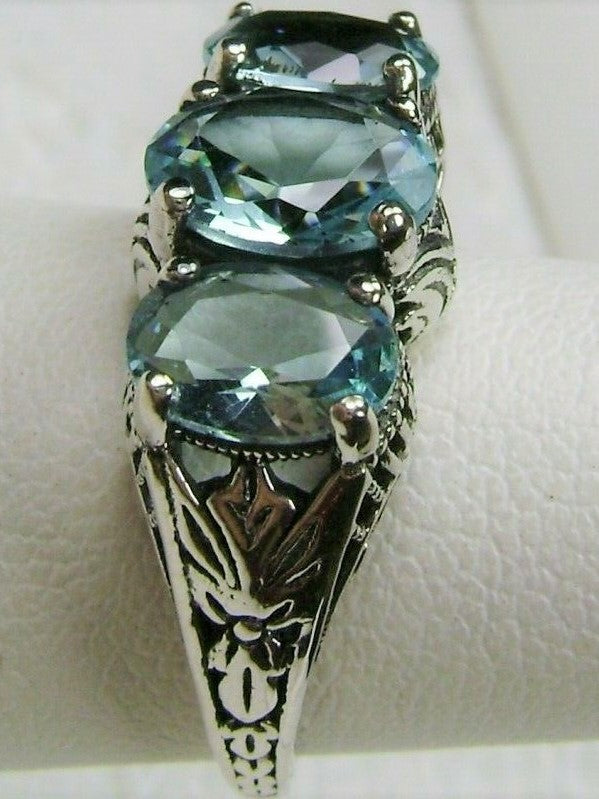 Simulated Sky Blue Aquamarine Ring, Art Deco Jewelry, Small 3 Stone Ring, Silver Embrace Jewelry, D41